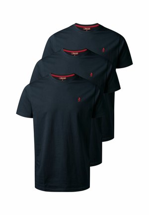 Camisetas de algodón azul marino con cuello redondo y mangas cortas, que presentan un pequeño logo rojo en el lado izquierdo del pecho, exhibidas en una pila de cuatro.