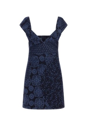 Rochie bleumarin cu un imprimeu floral albastru, având un decolteu în V și bretele late. Confecționată dintr-un material texturat cu o siluetă ajustată.