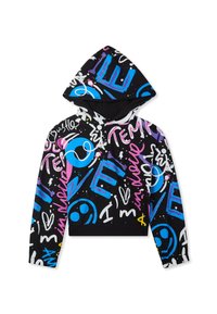 Felpa corta nera con scritte in stile graffiti colorato, faccine sorridenti blu, cuori e lettere casuali in rosa, blu, bianco e giallo.