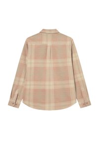 Καρό πουκάμισο σε απαλές ροζ και μπεζ αποχρώσεις, με χαλαρή σιλουέτα, μακριά μανίκια, μανσέτες με κουμπιά και λεπτομέρεια στην πλάτη.