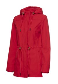 Rote wasserabweisende Jacke mit einer Kapuze mit Zugband, tailliertem Schnitt und elastischen Bündchen. Glatte Textur mit zwei Fronttaschen und Stickdetails.