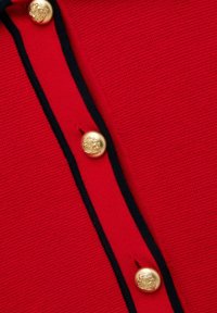 Lähikuva punaisesta neuloksesta, jossa on mustareunainen napituslista ja kolme kullanväristä nappia, joissa on koristeellinen vaakunaselostus.