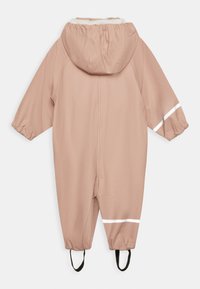 Rosa vattentät endelad dräkt med huva, elastiska ärmslut, vita ränder och svarta fotslingor för en säker passform. Slät, lätt material.