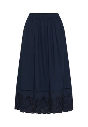 Jupe midi bleu marine avec taille froncée et broderie florale en œillet le long de l'ourlet festonné.