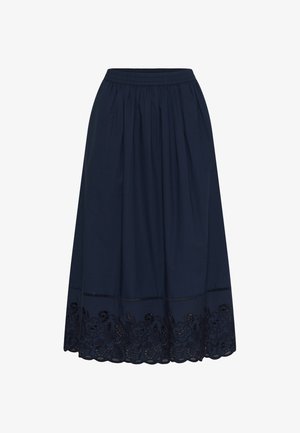 Jupe midi bleu marine avec taille froncée et broderie florale en œillet le long de l'ourlet festonné.