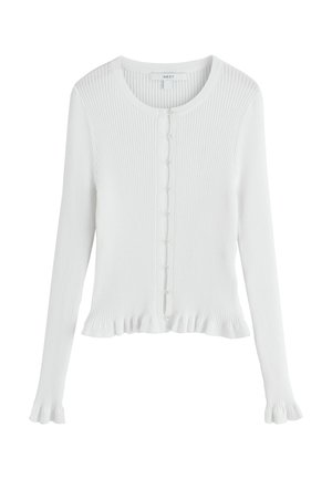 Weißer, gerippter Langarm-Cardigan mit rundem Ausschnitt, kleinen Knöpfen auf der Vorderseite und Rüschen an den Bündchen und am Saum.