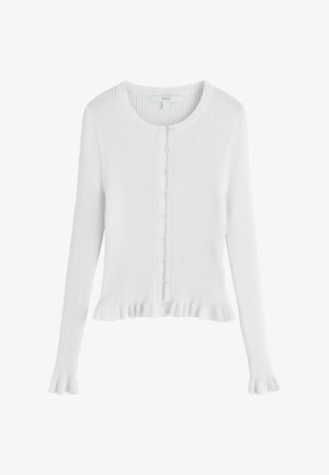 Weißer, gerippter Langarm-Cardigan mit rundem Ausschnitt, kleinen Knöpfen auf der Vorderseite und Rüschen an den Bündchen und am Saum.