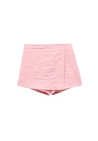 Roze shorts met een gekreukt textuur, met een hoge taille, een licht overlappend ontwerp en een ontspannen pasvorm. Geen zichtbare hardware of patronen.
