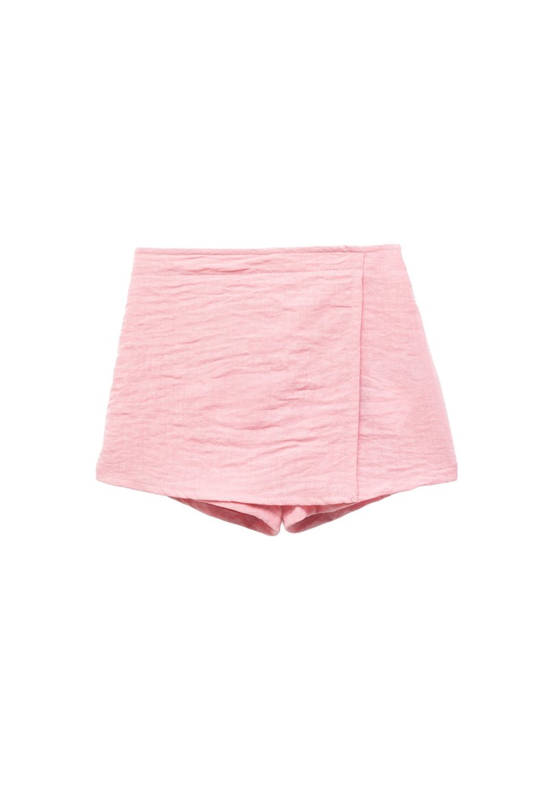 Roze shorts met een gekreukt textuur, met een hoge taille, een licht overlappend ontwerp en een ontspannen pasvorm. Geen zichtbare hardware of patronen.