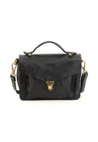 Satchel in pelle nera con manico superiore, chiusura dorata e tracolla removibile su uno sfondo bianco.