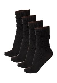 Calcetines de canalé negros mostrados en un grupo de cuatro, con un diseño texturizado y un puño doblado en la parte superior.