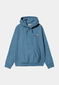 Sudadera de algodón azul con un bolsillo frontal, capucha con cordón y logo bordado en el pecho. Presenta puños y dobladillo acanalados.