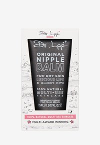 Black tube labeled "Dr. Lippi Original Nipple Balm," featuring white text and pink accents, packaged in a white cardboard box with simple line art.
