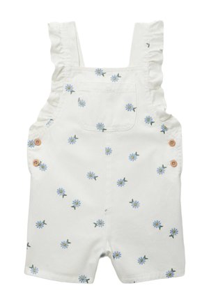 Combinaison blanche pour tout-petit avec bretelles volantées, poche poitrine devant, boutons latéraux et petit imprimé floral marguerite bleue partout.