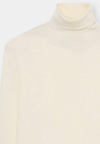 Licht ivoorkleurig coltruitje gemaakt van zachte stof. Heeft een hoge kraag, naadloze schouders en een getailleerd silhouet. Soepele textuur met minimale details.