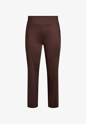 Pantalon marron taille haute slim fit court avec tissu lisse et sans attaches visibles, présenté sur fond blanc.