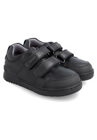 Schwarze Kinderschuhe aus glattem Leder mit zwei verstellbaren Klettverschlüssen, runder Zehenform und strukturiertem Sohlenprofil für besseren Halt.