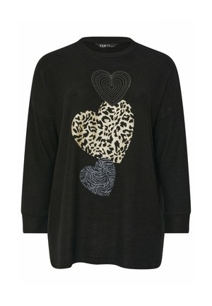 Maglietta nera a maniche lunghe con tre design a forma di cuore: un contorno a pois, una stampa leopardata dorata e un motivo testurizzato blu scuro.
