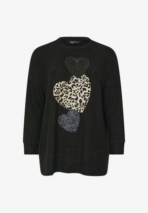 Black long-sleeve shirt featuring three heart designs: a dotted outline, a gold leopard print, and a textured dark blue pattern.
