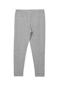 Hellgraue, taillierte Sweatpants mit schmal zulaufenden Beinen und elastischem Bund, von hinten auf einem weißen Hintergrund dargestellt.