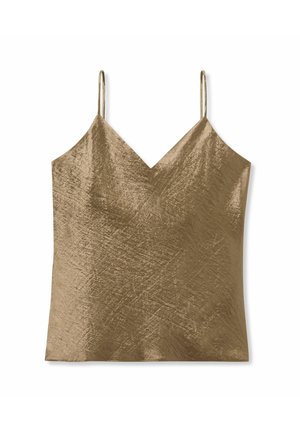 Top in bronzo metallizzato con spalline sottili, scollo a V e superficie testurizzata, realizzato in tessuto liscio e leggero.