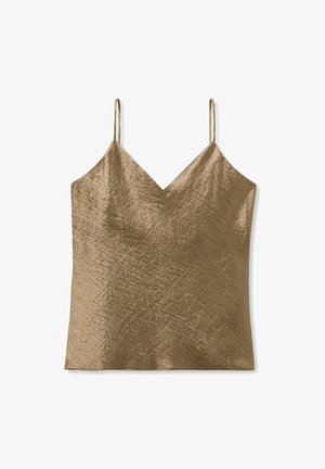 Top in bronzo metallizzato con spalline sottili, scollo a V e superficie testurizzata, realizzato in tessuto liscio e leggero.