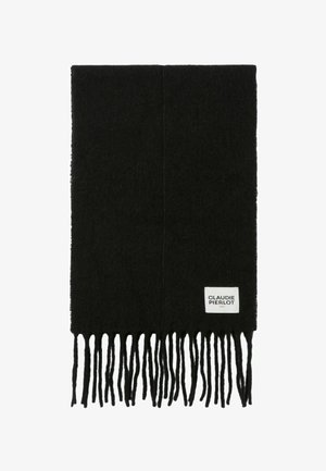 Bufanda negra hecha de tejido suave, con largos flecos en el borde y una etiqueta blanca con la marca "CLAUDIE PIERLOT".