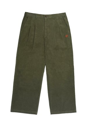 Olive green corduroy pants with a relaxed fit, featuring a button closure, front pleats, and a small embroidered logo in red.