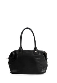 Zwarte leren handtas met twee stevige hengsels, ritssluiting, gouden accenten en een gladde, gestructureerde oppervlak.