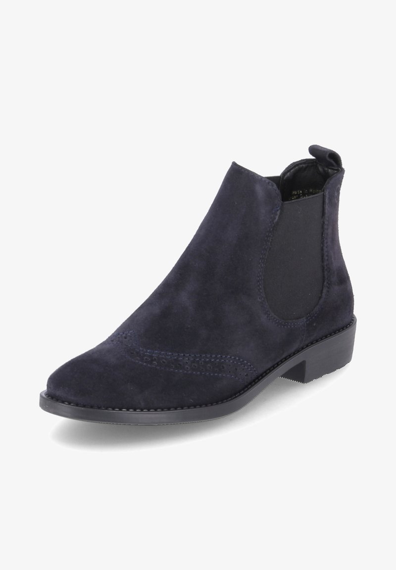 Bottine en daim bleu marine avec panneaux élastiques latéraux, bout rond lisse, détails brogue et petit talon bloc.