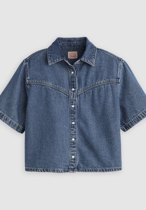 Modra denim srajca s kratkimi rokavi, gumbi, z ostro ovratno in zahodno-stilsko vezenim ramenim delom.