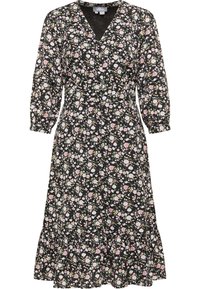 Rochie florală neagră cu decolteu în V, mâneci trei sferturi și un tiv cu volane. Prezintă modele florale albe, roz și verzi pe material.
