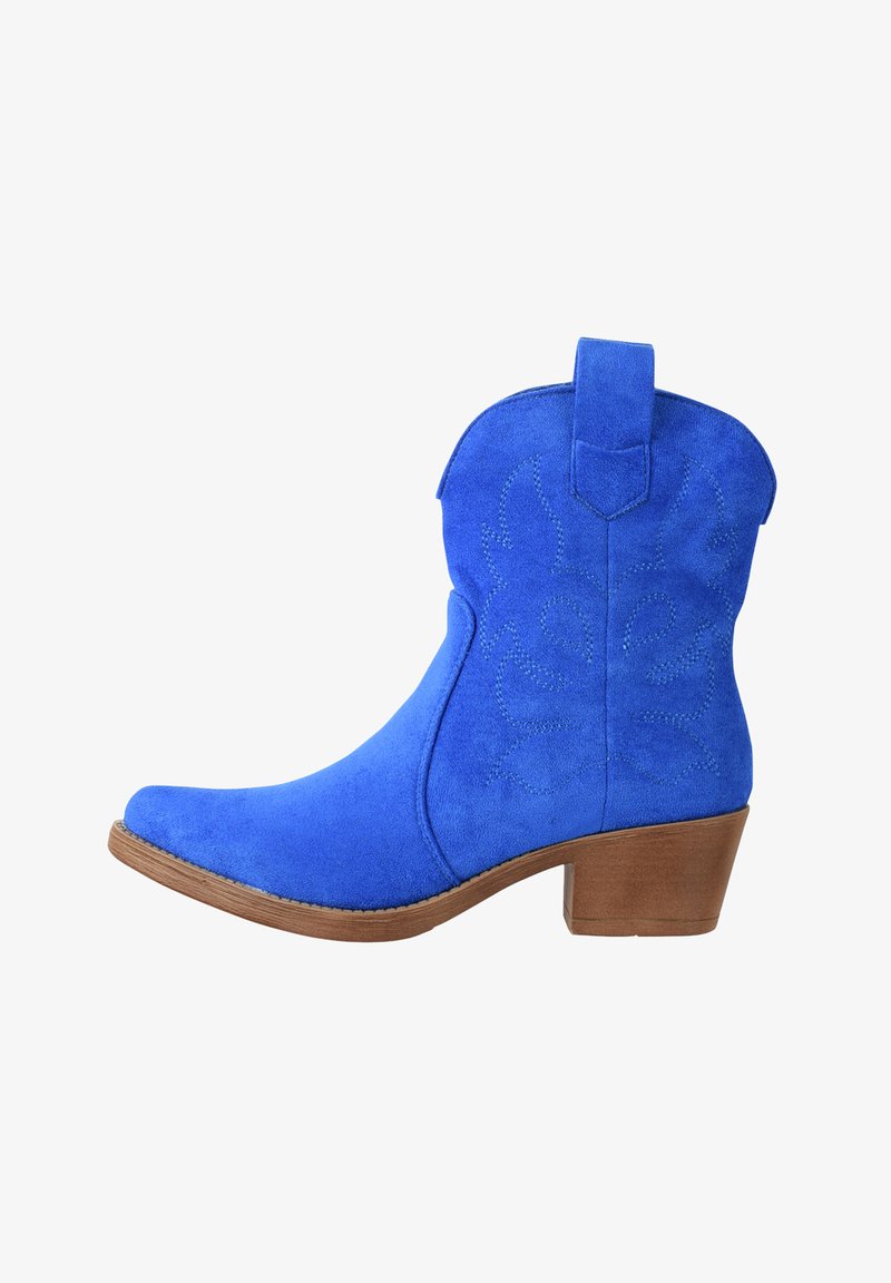 Stivale da cowboy in camoscio blu di media altezza con motivo floreale ricamato e tacco e suola in legno marrone, linguetta di tiraggio sulla parte superiore.