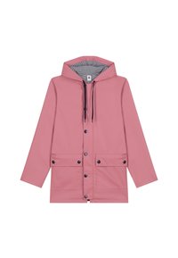 Rosa Regenjacke mit Kapuze, ausgestattet mit einem gestreiften Innenfutter, zwei Fronttaschen, Druckknöpfen und dunkelblauen Kordeln und Akzenten.