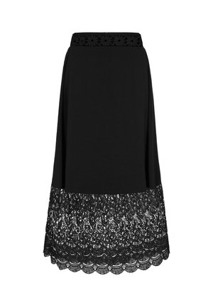 Black skirt with a lace hemline featuring a scalloped edge. The waistband has a floral design, made from a blend of fabric and lace.