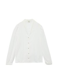 Hvid langærmet bluse med v-udskæring, der har guldtonede knapper foran. Blød, glat stof med lette puffede skuldre.