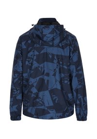 Marineblauwe jas met een geometrisch patroon in verschillende tinten, voorzien van een capuchon, elastische manchetten en een lichtgewicht, waterafstotend materiaal.