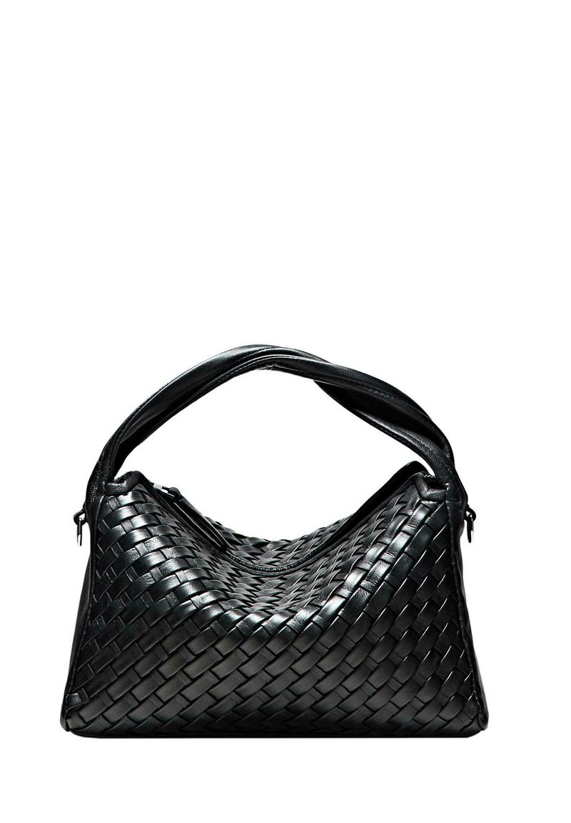 Black woven leather handbag with a soft, structured shape. Features a single handle and a zip closure, showcasing a textured surface.