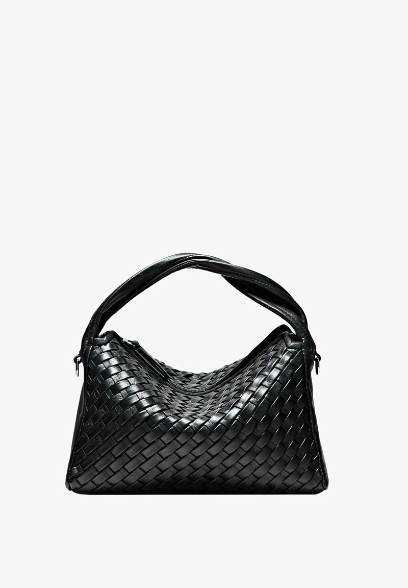 Black woven leather handbag with a soft, structured shape. Features a single handle and a zip closure, showcasing a textured surface.