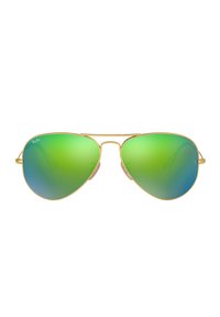 Occhiali da sole Ray-Ban aviator con lenti in gradiente verde-blu, montatura in metallo dorato e cuscinetti per il naso traslucidi. Design elegante con forma classica.