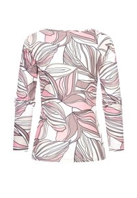 Langarmshirt mit floralen Mustern in Rosa- und Brauntönen auf weißem Hintergrund. Weicher Stoff mit tailliertem Design.