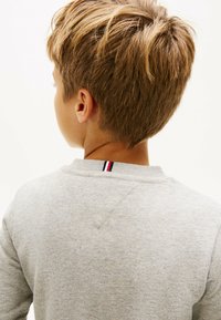 Szary sweatshirt z żebrowanym dekoltem typu crew, z małym akcentem w czerwono-biało-niebieskie paski z tyłu. Miękka, teksturowana tkanina.