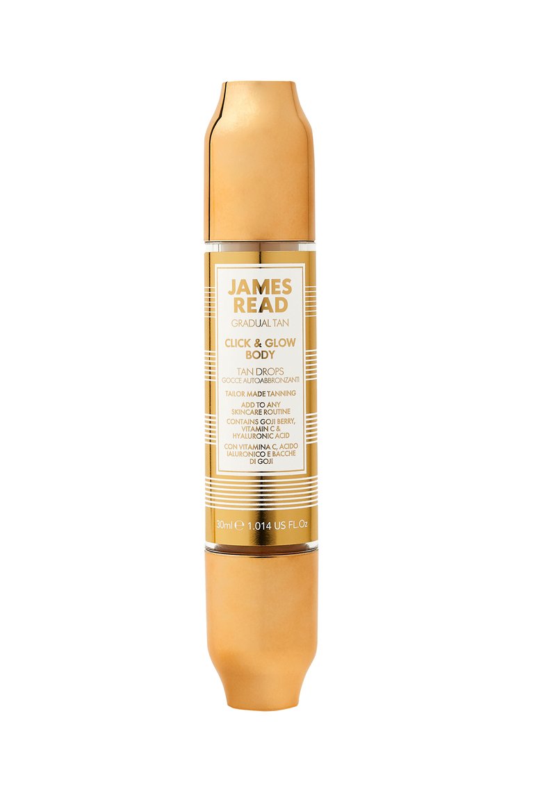 James Read Click & Glow Bräunungstropfen in einer goldenen Tube mit einem kurzen Deckel, versehen mit einem weißen Etikett mit Text und Streifen. Enthält 30 ml.