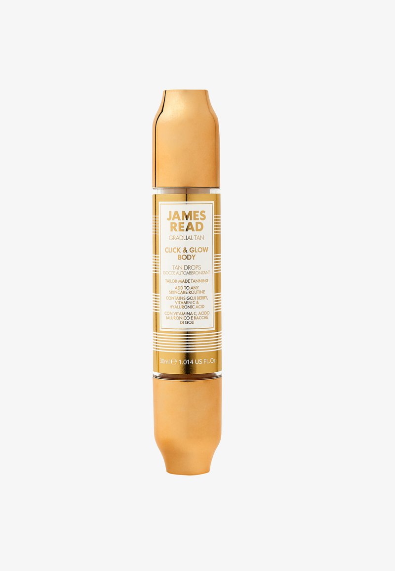 James Read Click & Glow tan drops in a gold tube with a short cap, featuring a white label with text and stripes. Contains 30ml.