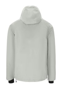 Lys grå vandtæt jakke med hætte, elastiske manchetter og en glat tekstur. Har en lige pasform og et minimalistisk design.