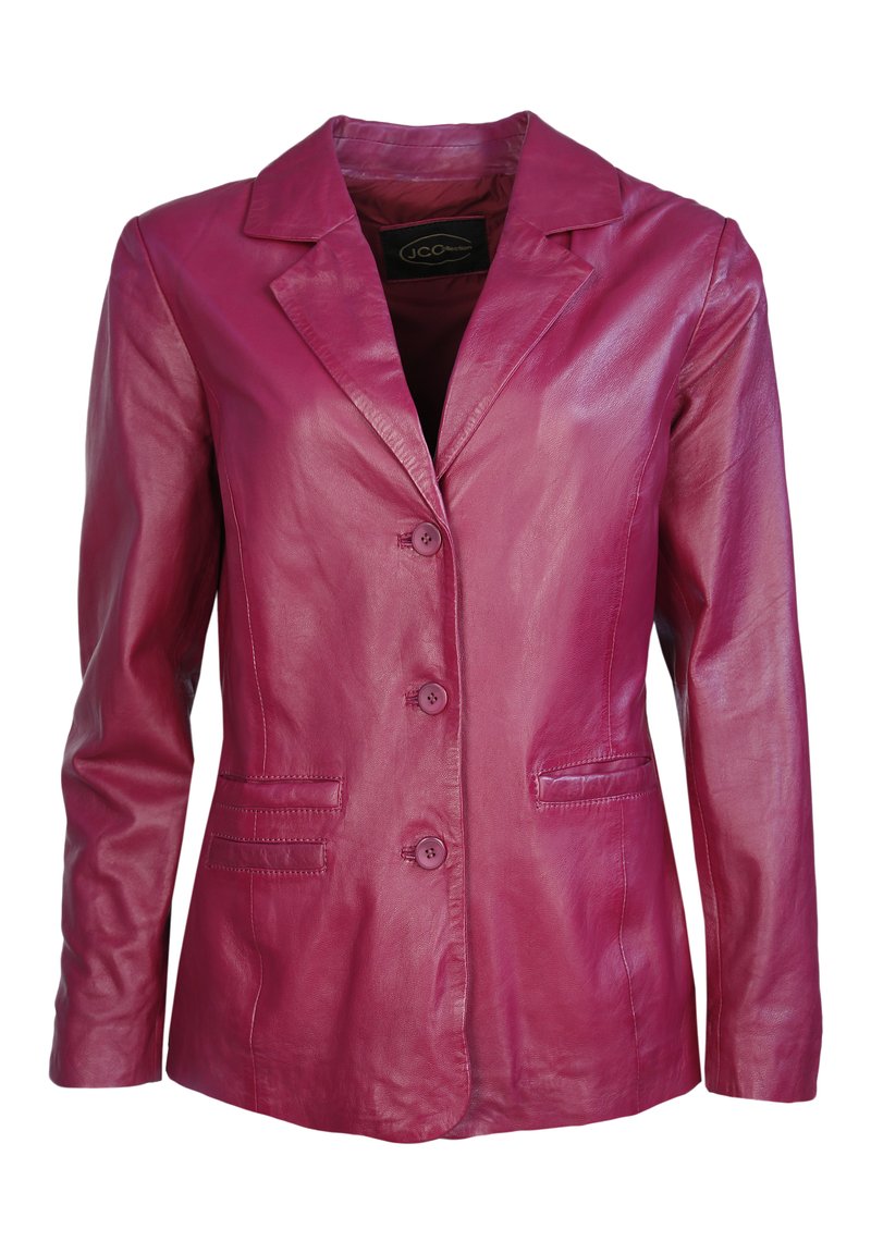 Fuchsia Lederblazer mit Reverskragen, dreiknopfiger Vorderfrontschließe und zwei Seitentaschen. Geschmeidige Textur und figurbetontes Design.