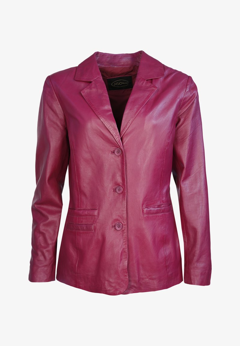 Fuchsia läderblazer med snibbkrage, tre knappar fram och två sidofickor. Slät yta och figursydd design.
