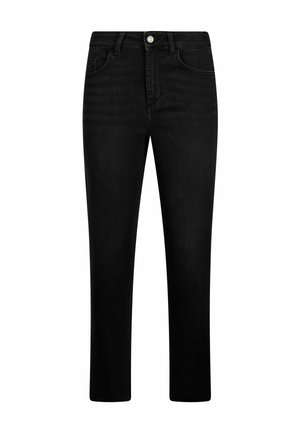 Jeans neri a gamba dritta con tasche frontali, passanti per cintura e chiusura con bottone metallico in vita.