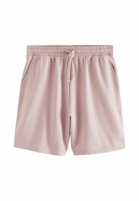 Pantalones cortos deportivos rosas con cintura elástica, cordón ajustable y bolsillos laterales. Tejido suave con una textura lisa y un corte relajado.