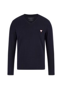 Navy lange mouw V-hals T-shirt van katoen met een klein rood driehoeklogo op de linker borst. Gladde textuur, minimalistisch ontwerp.